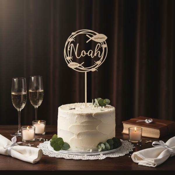 Runder Caketopper aus Birkenholz mit personalisiertem Namen, Anlass und Datum